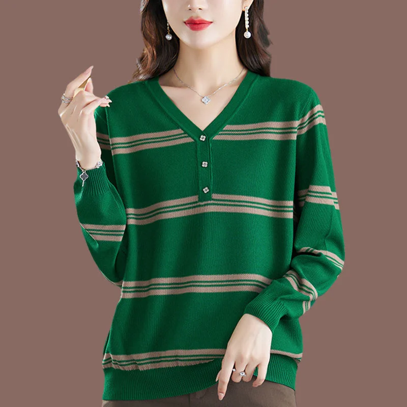 NiDELL . Autumn and Winter New Knitted Top Women's Short Bottoming Chicken Collar Striped plus Size V-neck Sweater