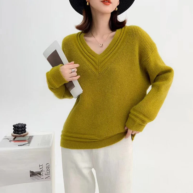 NiDELL Autumn and Winter New Korean Style V-neck Women's Sweater Long Sleeve Loose Slimming Commuting Style Solid Color round Neck Knitted Top for Women