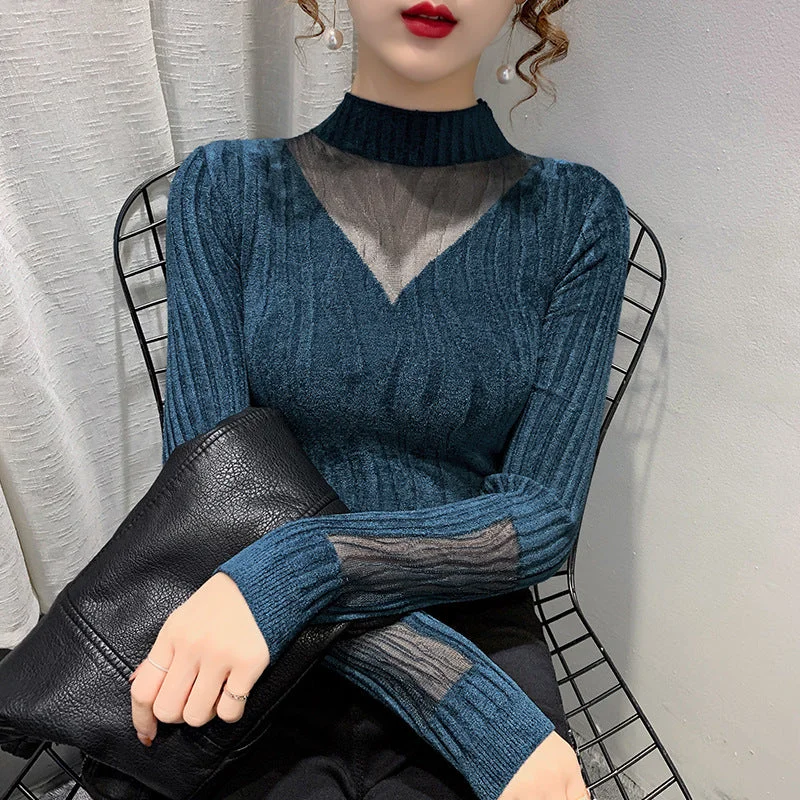 NiDELL . Autumn New Black Inner Half Turtleneck Lace Hollow-out Long Sleeve Knitted Bottoming Shirt Sweater Women's Top