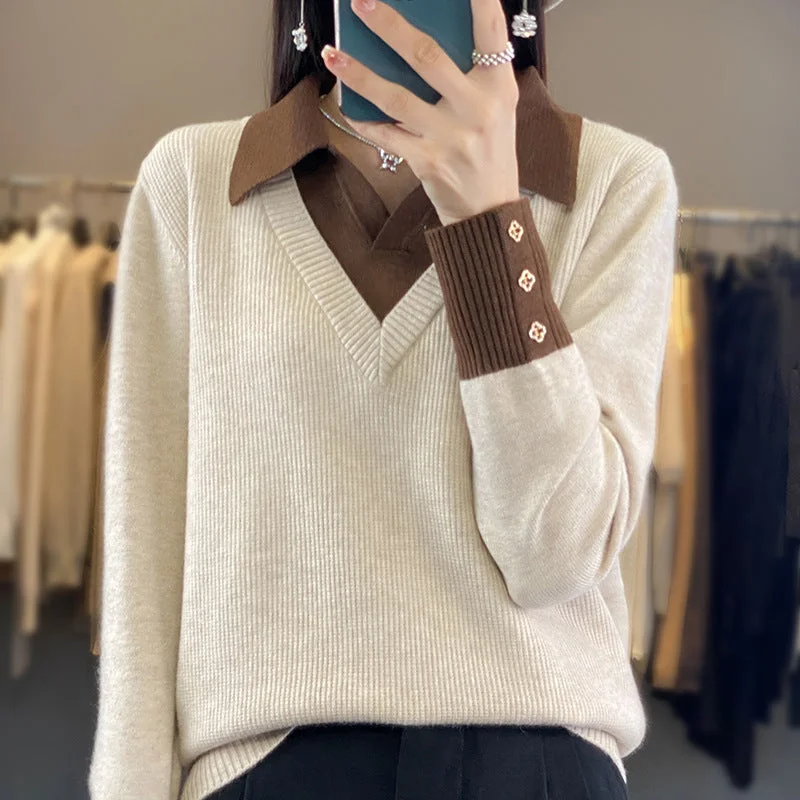 NiDELL . Autumn New Knitwear Long Sleeve Fake Two-Piece Women's Top Fashionable Stylish Shirt Collar Slimming Sweater Base