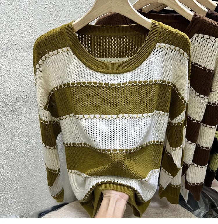 NiDELL Contrast Color Striped Knitted Shirt Women's Long Sleeve . Fall New Sweater Loose and Lazy Style Hollow Top Fashion