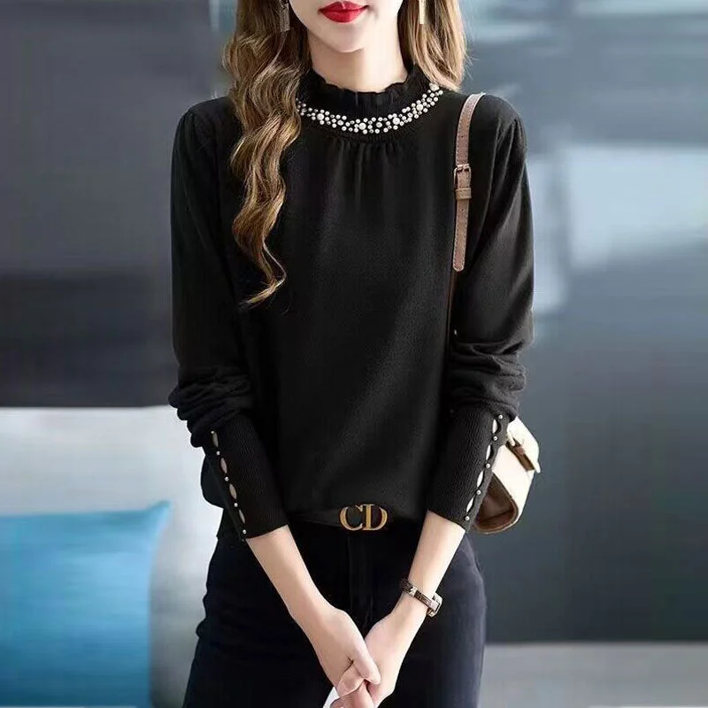 NiDELL Design Beaded Temperament Mock Neck Sweater Bottoming Shirt for Women . Autumn and Winter New Lace Lace Collar Sweater