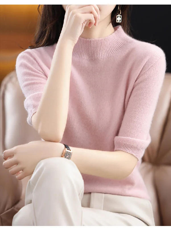 NiDELL . Early Autumn Solid Color Women's Half High Collar Mid-Sleeve Knitted Sweater Korean Style Inner Bottoming Top