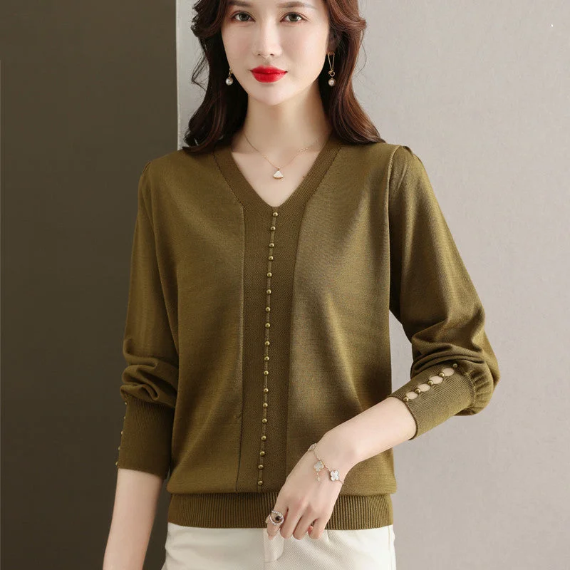 NiDELL Early Spring Top V-neck Lace Bottoming Shirt for Women Spring . New Thin Knitted Fashionable Stylish Mom Sweater