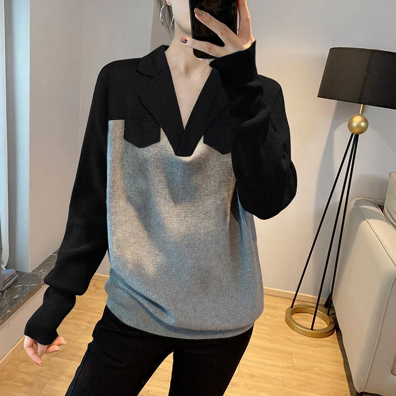 NiDELL Fashion Design Stitching Suit Collar Sweater Female . Fall New Lazy Wind Loose Western Style Slimming Sweater