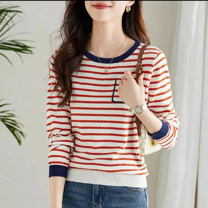 NiDELL Free Shipping Striped Knitted Top Women's Autumn . New Loose Slimming round Neck Long Sleeve Bottoming Shirt Sweater Wholesale