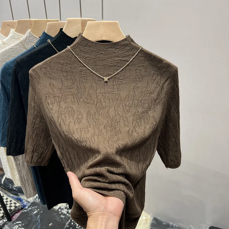 NiDELL Half Turtleneck Elbow Sleeve Sweater Women's . Autumn New Texture Green Middle Sleeve Fashion Bottoming Shirt Top