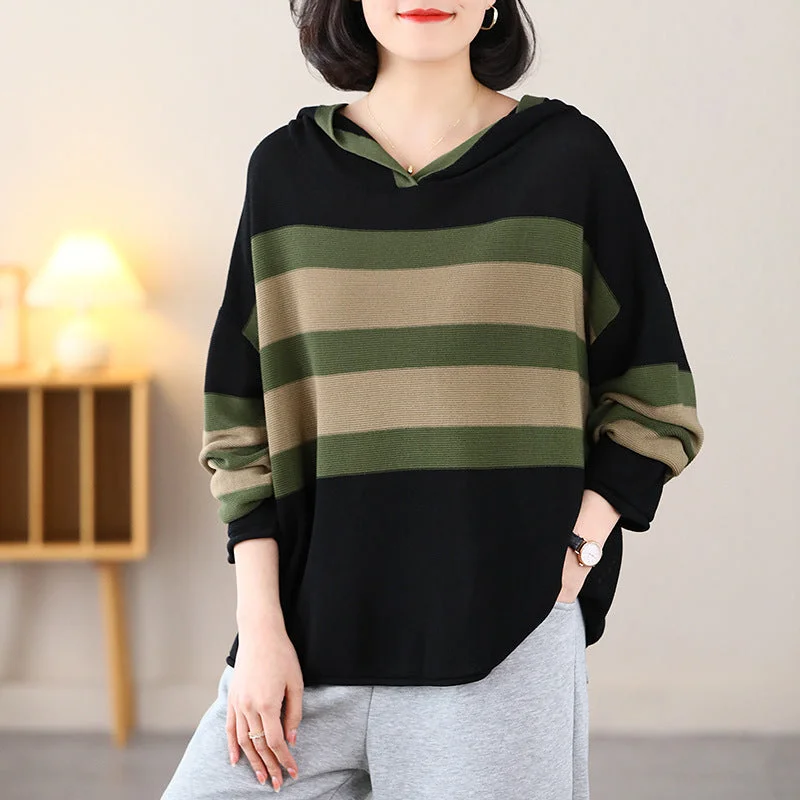 NiDELL Hooded Striped Sweater for Women Artistic Temperament Leisure . Loose Slimming Korean Style Long Sleeve Sweater Women