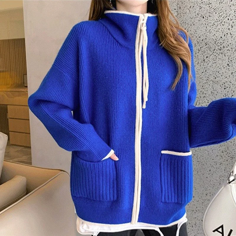 NiDELL Idle Style Knitted Sweater Female . Autumn and Winter New Fashion Casual Korean Style Loose Soft Glutinous Zipper Coat Top