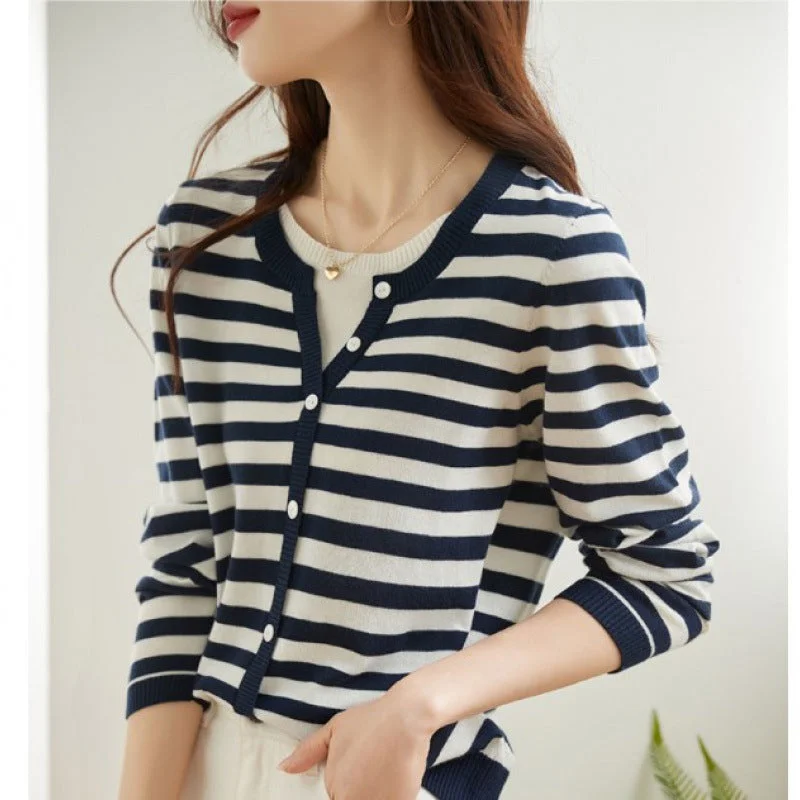 NiDELL Idle Style Striped Knitted Top for Women . Autumn and Winter New Fashion Fake Two Pieces Long Sleeve Soft Glutinous Sweater Women's Fashion