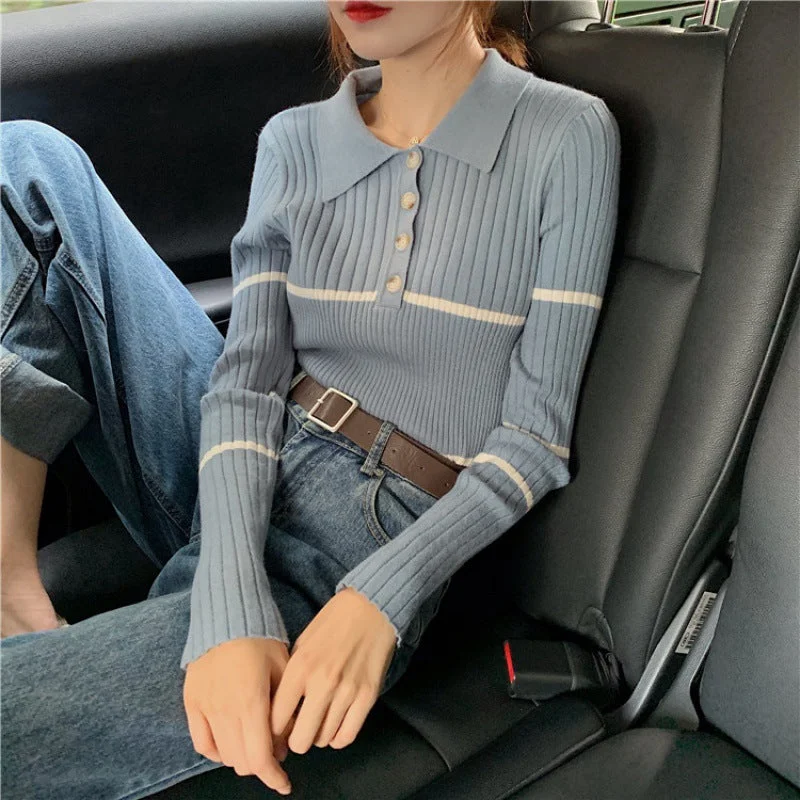 NiDELL Knitted Bottoming Shirt Spring and Autumn . New Women's Vintage Stripe Lapel Thin Sweater Slim Fit Inner Wear Top