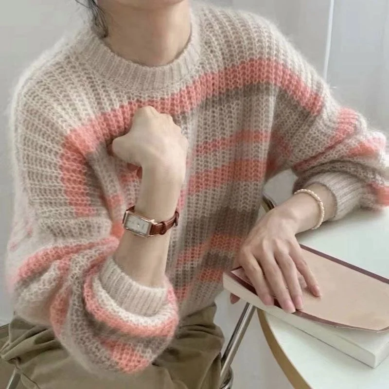 NiDELL Korean Style Lazy Style Sweater Female . Autumn and Winter New Niche Design Striped Contrast Color Loose Casual Top