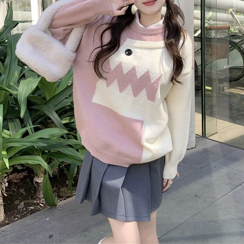 NiDELL Korean Style Loose and Lazy Style Contrast Color round Neck Soft Glutinous Sweater Female . Autumn and Winter Sweet Knitted Sweater Coat Top