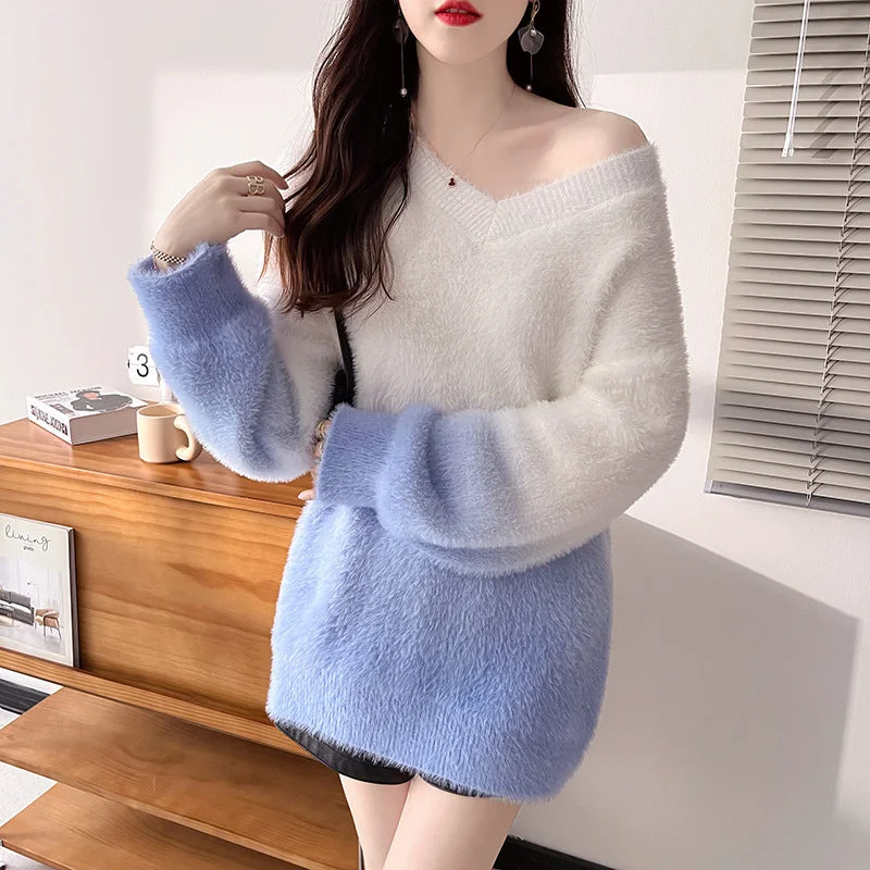 NiDELL Light Luxury High-Grade Gradient Coat Korean Style Soft Glutinous Sweater . Autumn and Winter Sweet Lady Furry Sweater