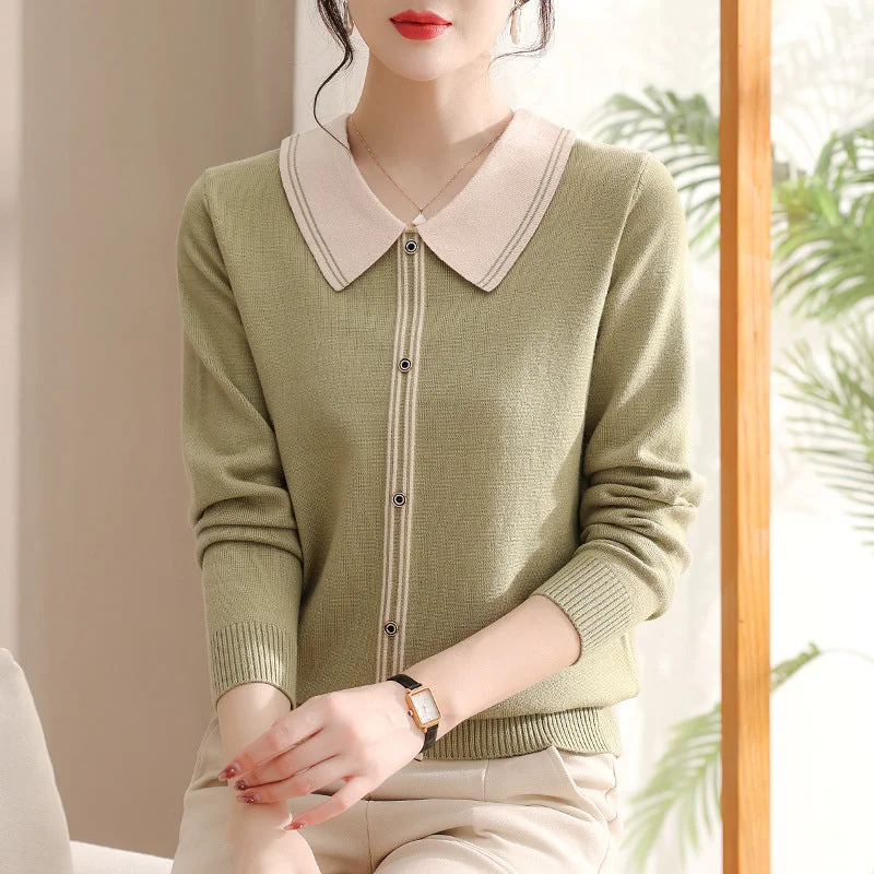 NiDELL . Middle-Aged Mom Autumn Clothes Knitted Shirt Western Style Lapel Sweater Middle-Aged and Elderly Women Autumn and Winter Thin Bottoming Top