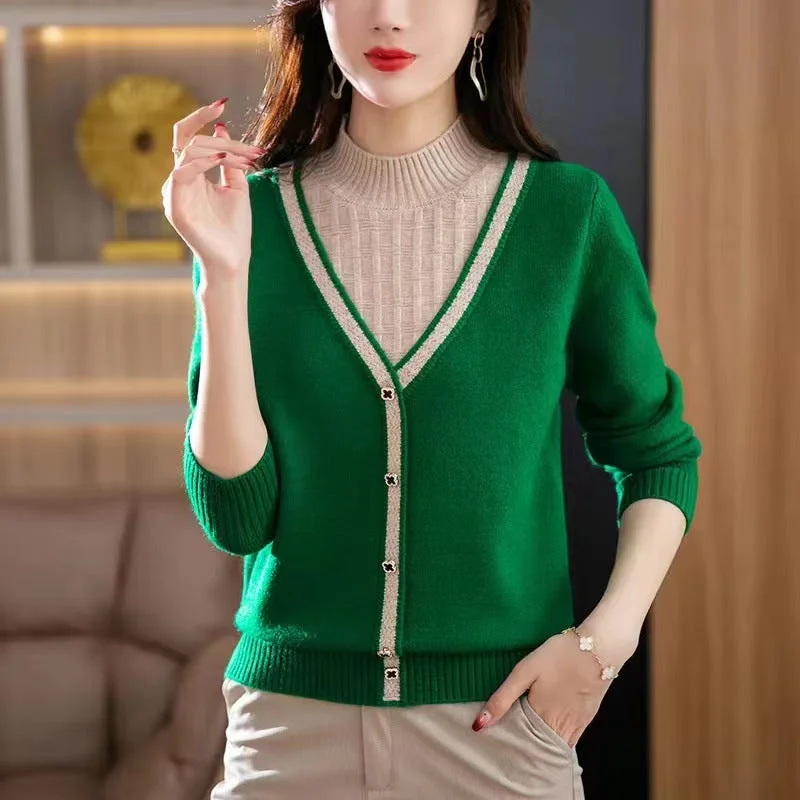 NiDELL Mock Neck Sweater Women's Autumn and Winter Fake Two-Piece Western Style Color Matching Knitted Bottoming Shirt . Fashionable Top Women's