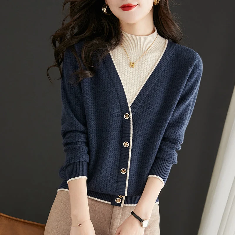 NiDELL Mock Neck Sweater Women's Clothing Wholesale Fake Two Pieces Inner Wear Blouse . New Autumn Long Sleeve Knitted Bottoming Shirt Fashion