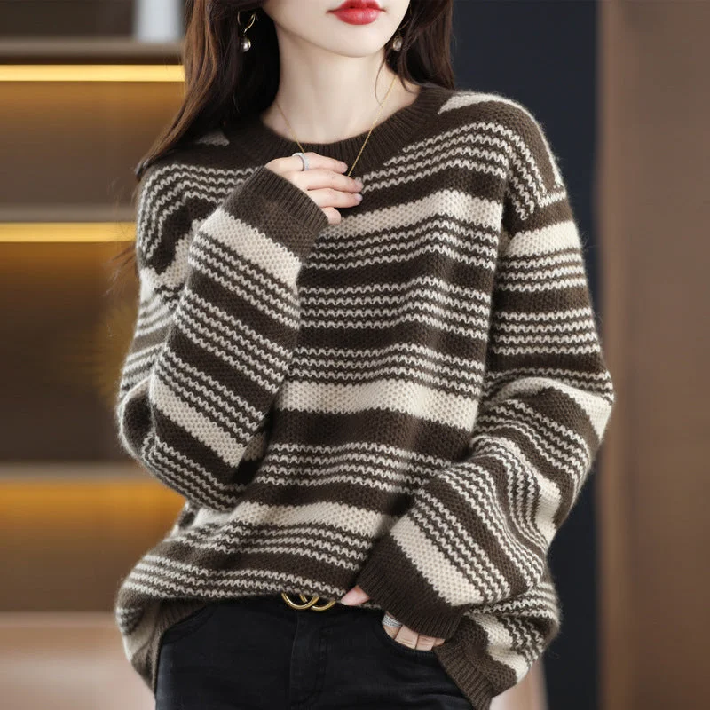 NiDELL New Sweater . Loose Autumn and Winter round Neck Fashion Vintage Sweater Women's Striped Top Knitted Bottoming Shirt Women's