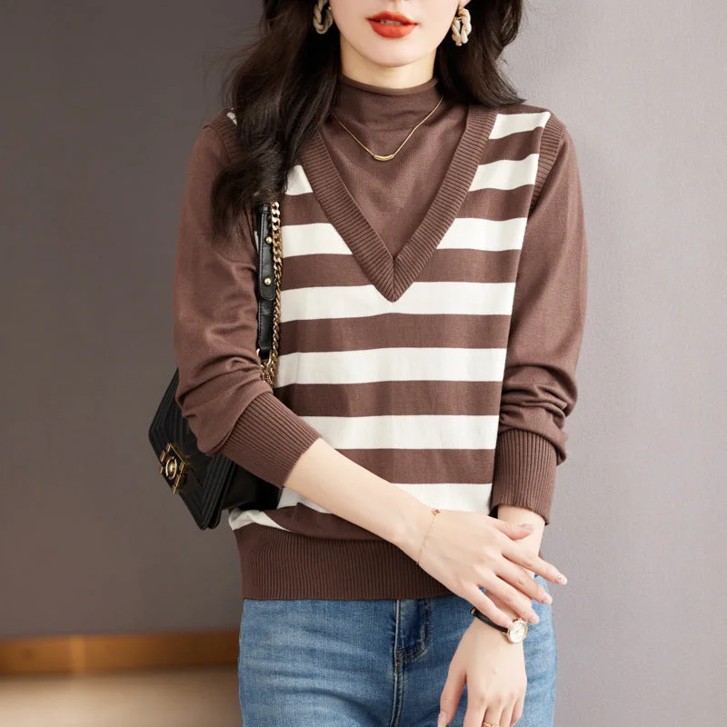 NiDELL Real Shot . New Autumn and Winter Sweaters Striped Stitching Fake Two-Piece Knitted Sweaters Female