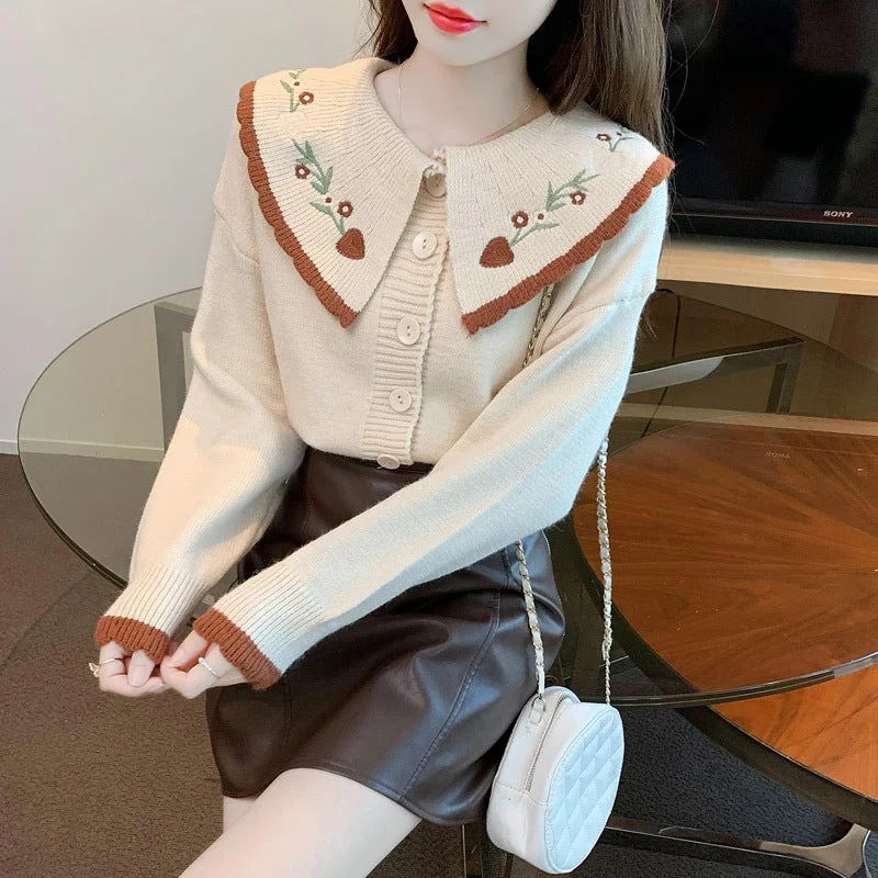 NiDELL Retro Peter Pan Collar Stitching Sweet Sweater Women's Fashionable Chic Classic Style Knitted Top for Spring and Autumn .