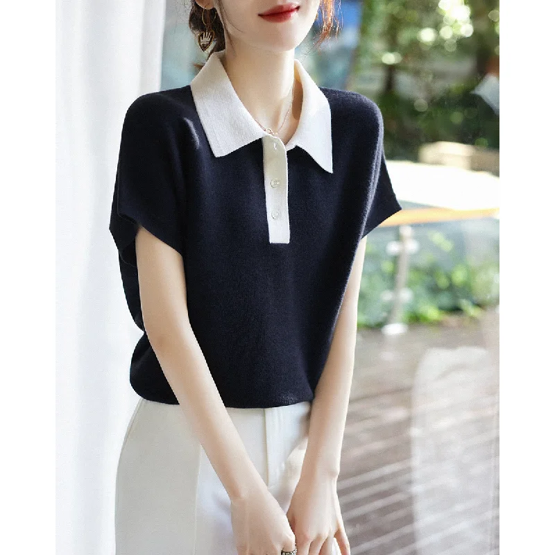 NiDELL . Spring and Summer New Women's Clothing Korean Style Polo Collar Top You Will Love Design Contrast Color Short Sleeve Sweater