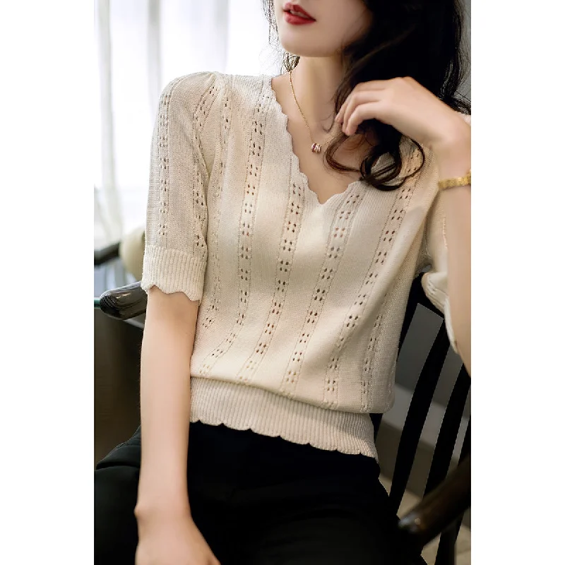 NiDELL Spring and Summer . New Women's Half Sleeve Shirt V-neck Trendy Half Sleeve Sweater Irregular Age Reducing Basic Thin