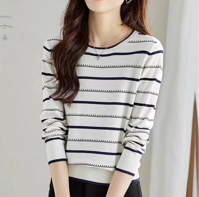 NiDELL Striped Sweater Top for Women . Autumn New Temperament Crew Neck Loose and Stylish Long Sleeves Sweater