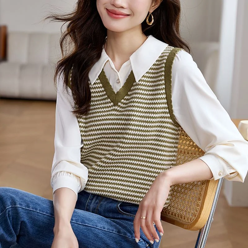 NiDELL Striped Thin Knitwear Autumn . New Shirt Stitching Sweater Fake Two-Piece Long Sleeve Top