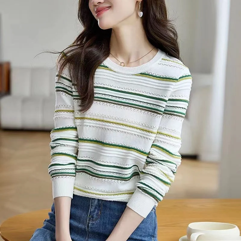 NiDELL Sweater . Autumn and Winter Wear Striped Contrast Color Bottoming Knitwear Women's Autumn New Loose French Style Long Sleeve Top