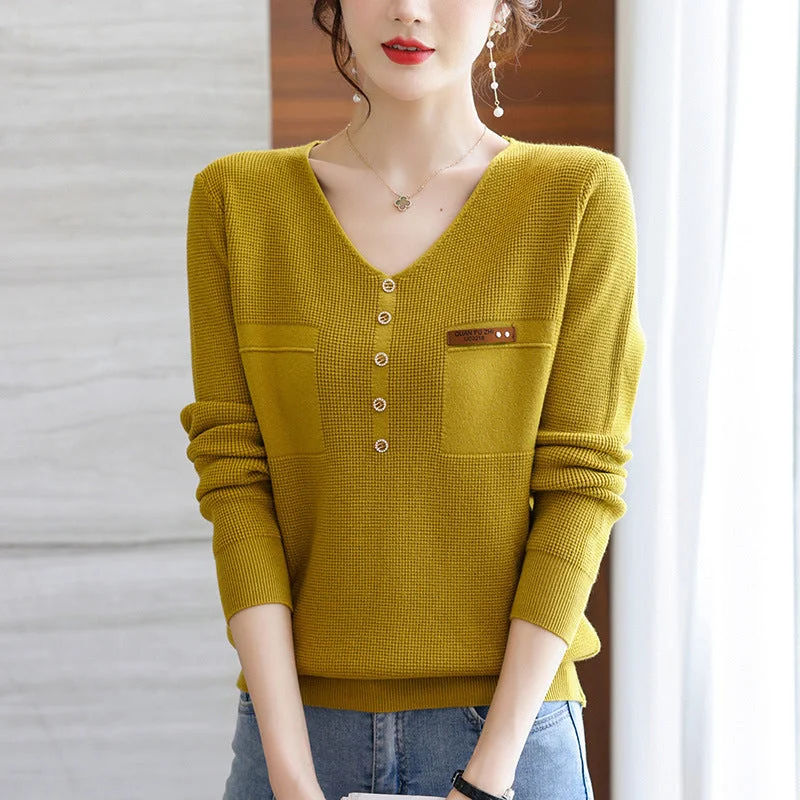 NiDELL This Year's Popular Beautiful Top Women's Autumn Clothing . New V-neck Early Autumn Knitwear Thin Sweater Bottoming Shirt