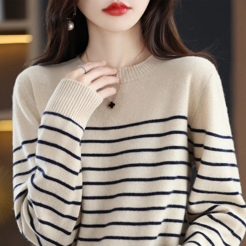 NiDELL Women's Clothing Wholesale . Autumn and Winter New round Neck Inner Wear Women's Sweater Striped Loose Long Sleeve Knitted Bottoming Shirt Women