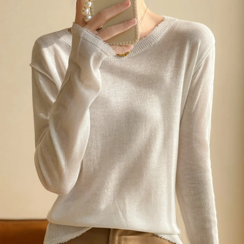 NiDELL Women's round Neck Sweater . Autumn New Korean Style Top Long Sleeve Thin Solid Color Knitted Bottoming Shirt