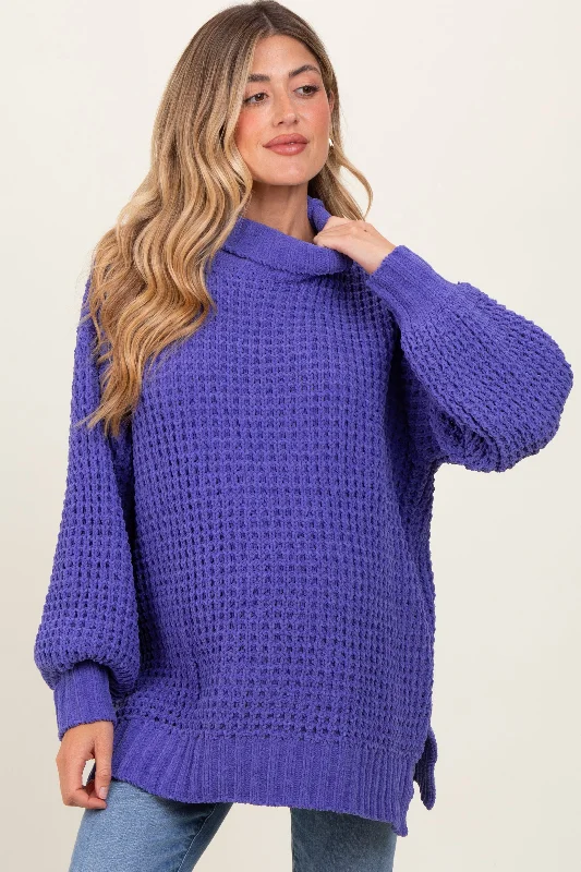 Periwinkle Chunky Waffle Knit Maternity Turtleneck Sweater