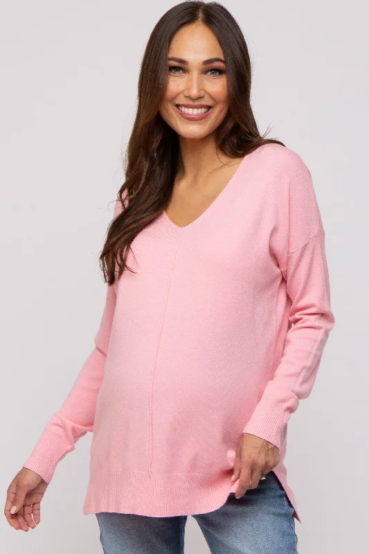 Pink Long Sleeve Side Slit Maternity Sweater