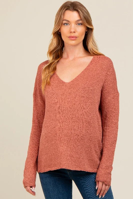 Rust V-Neck Basic Maternity Sweater