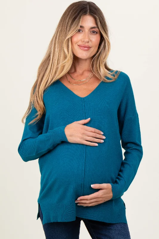 Teal Front Seam V-Neck Side Slit Maternity Sweater