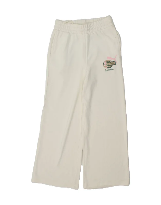 PUMA Womens Graphic Wide Leg Tracksuit Trousers UK 14 Medium  White Cotton