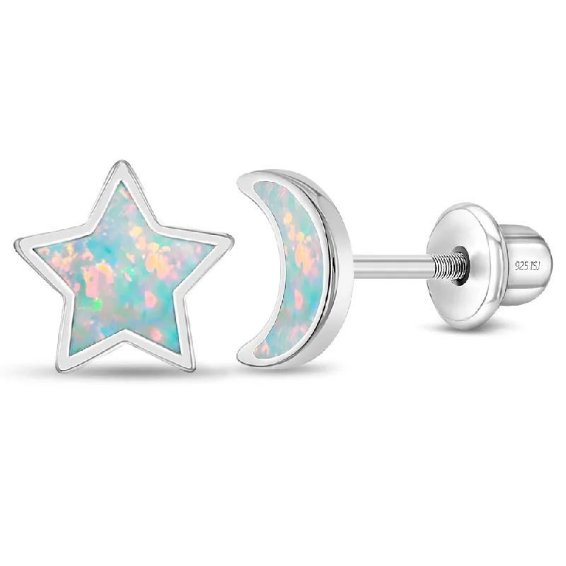 Special Deals On Handcrafted And Designer Jewelry Opal Moon and Star Kids / Children's / Girls Earrings Screw Back - Sterling Silver