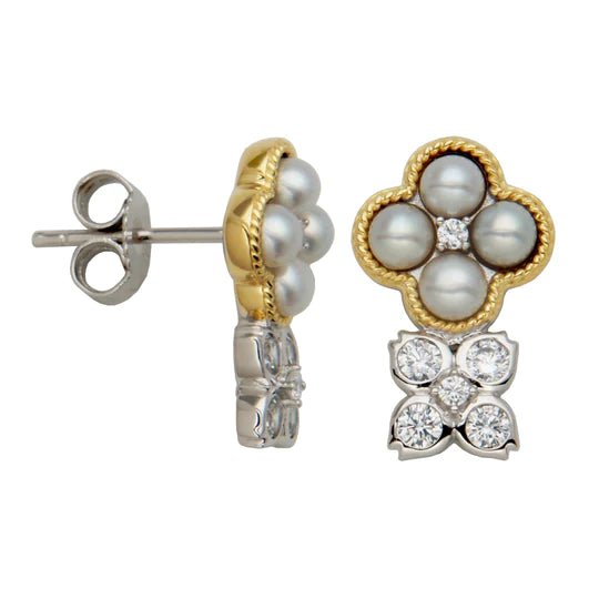 Trending Jewelry Now Available At Exclusive Prices SS Two-Tone CZ and Pearl Earrings