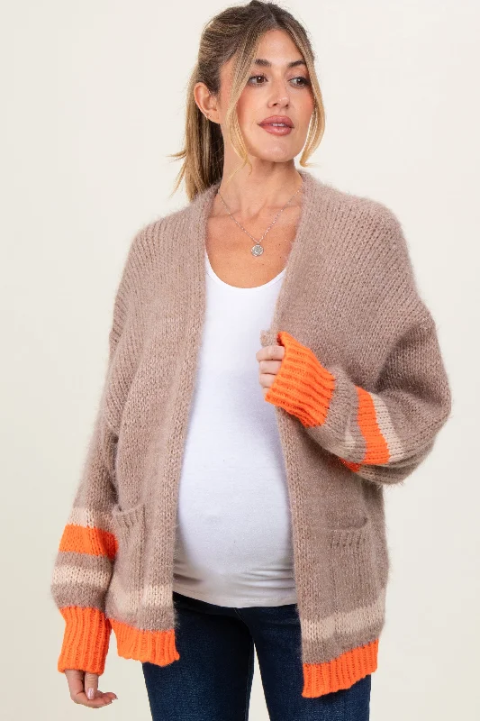 Beige Chunky Knit Stripe Detail Maternity Sweater Cardigan