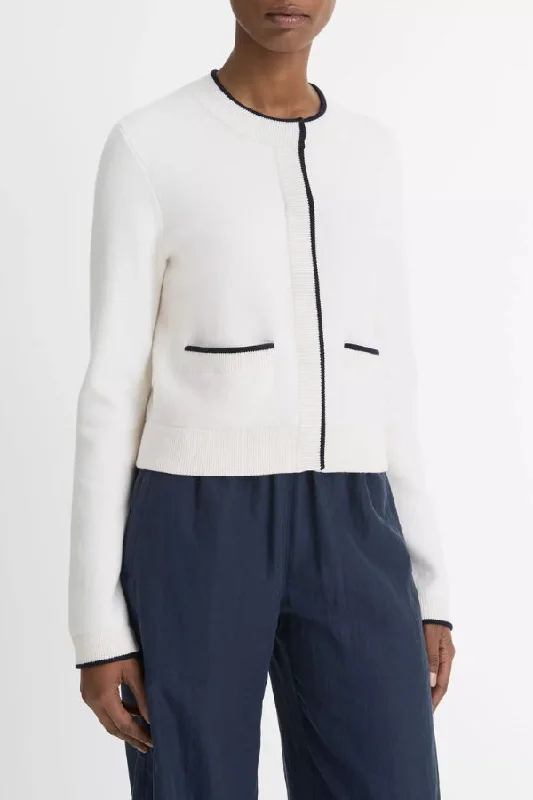 VINCE Contrast-Tipped Wool-Blend Snap Cardigan