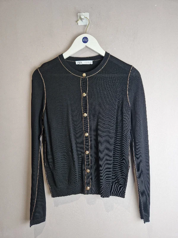 Zara black cardigan, gold seams & buttons - small